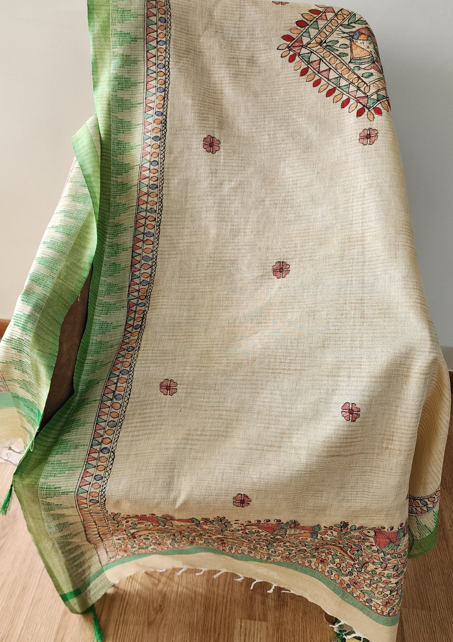 Beige & Green Madhubani Handpainted Dupatta