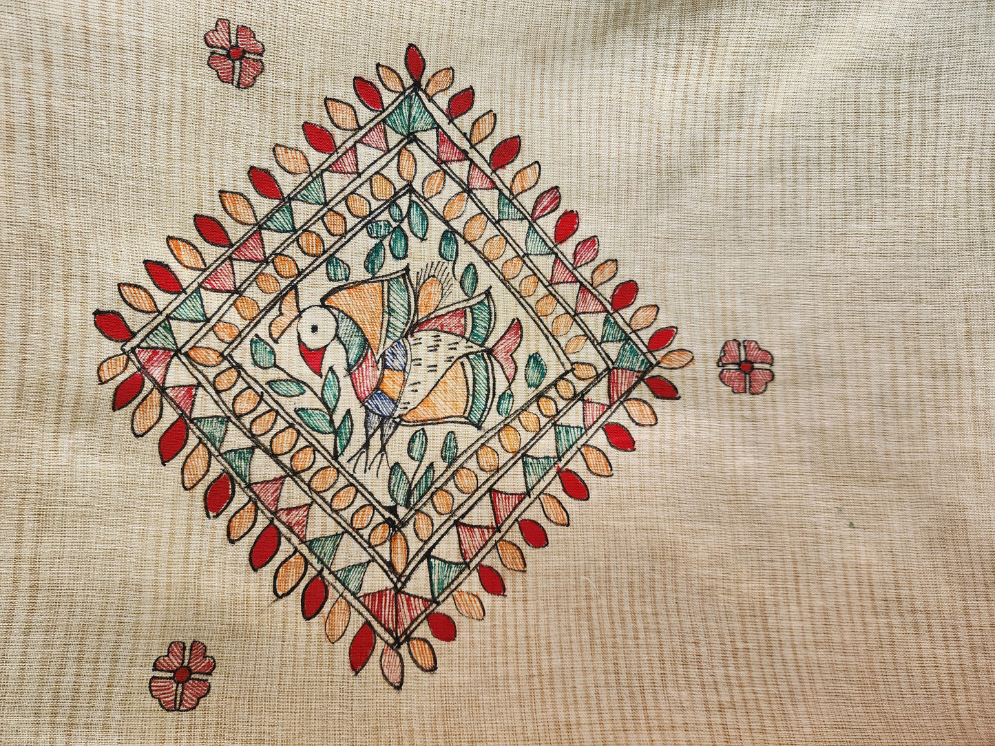 Beige & Green Madhubani Handpainted Dupatta