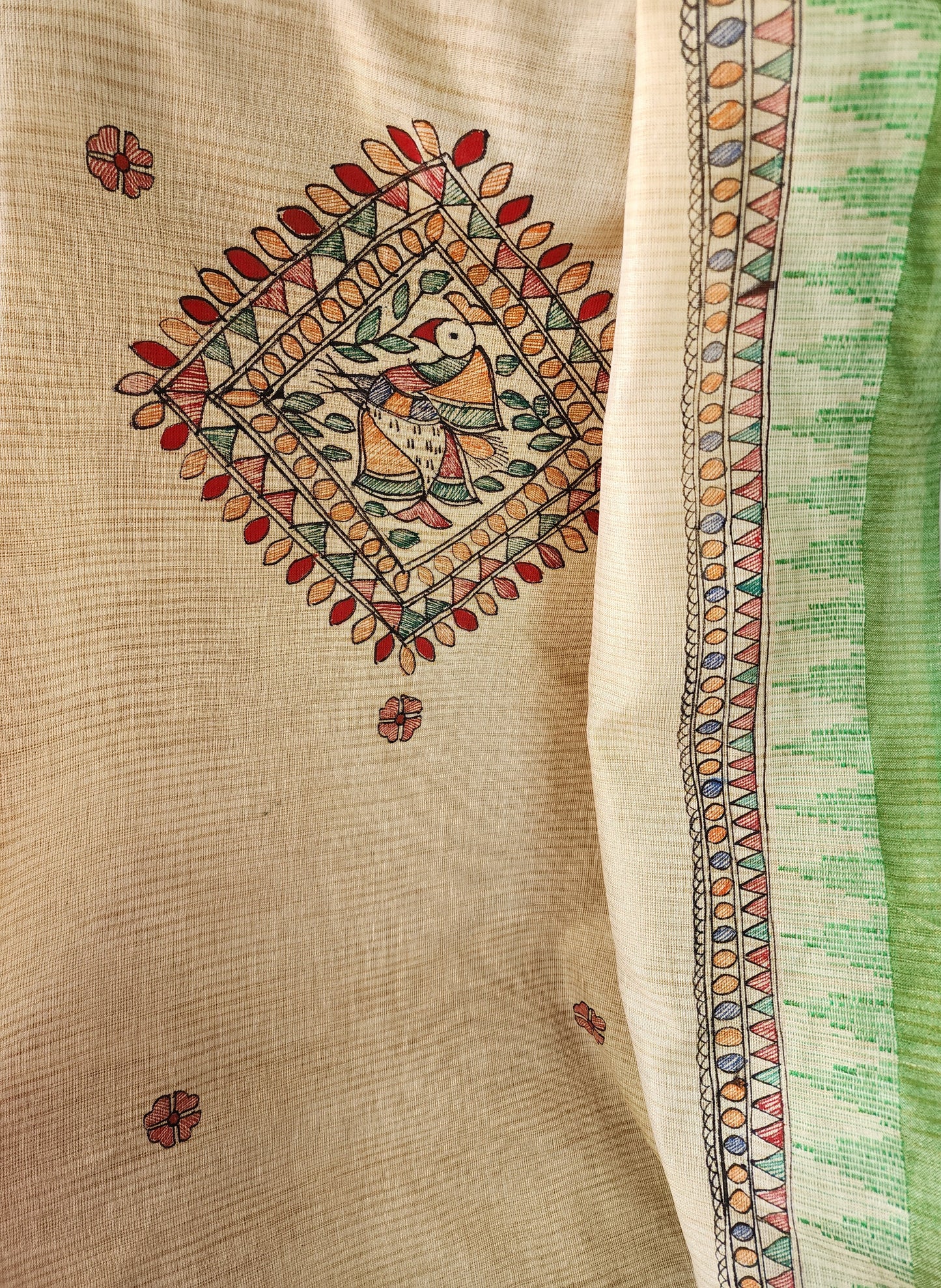 Beige & Green Madhubani Handpainted Dupatta