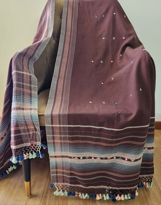 Brown Handwoven Bhujodi Dupatta With Tassles & Mirror Work