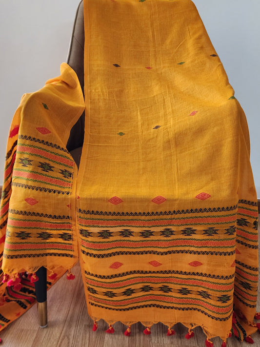 Mustard Yellow Handwoven Handloom Cotton Dupatta With Tassels