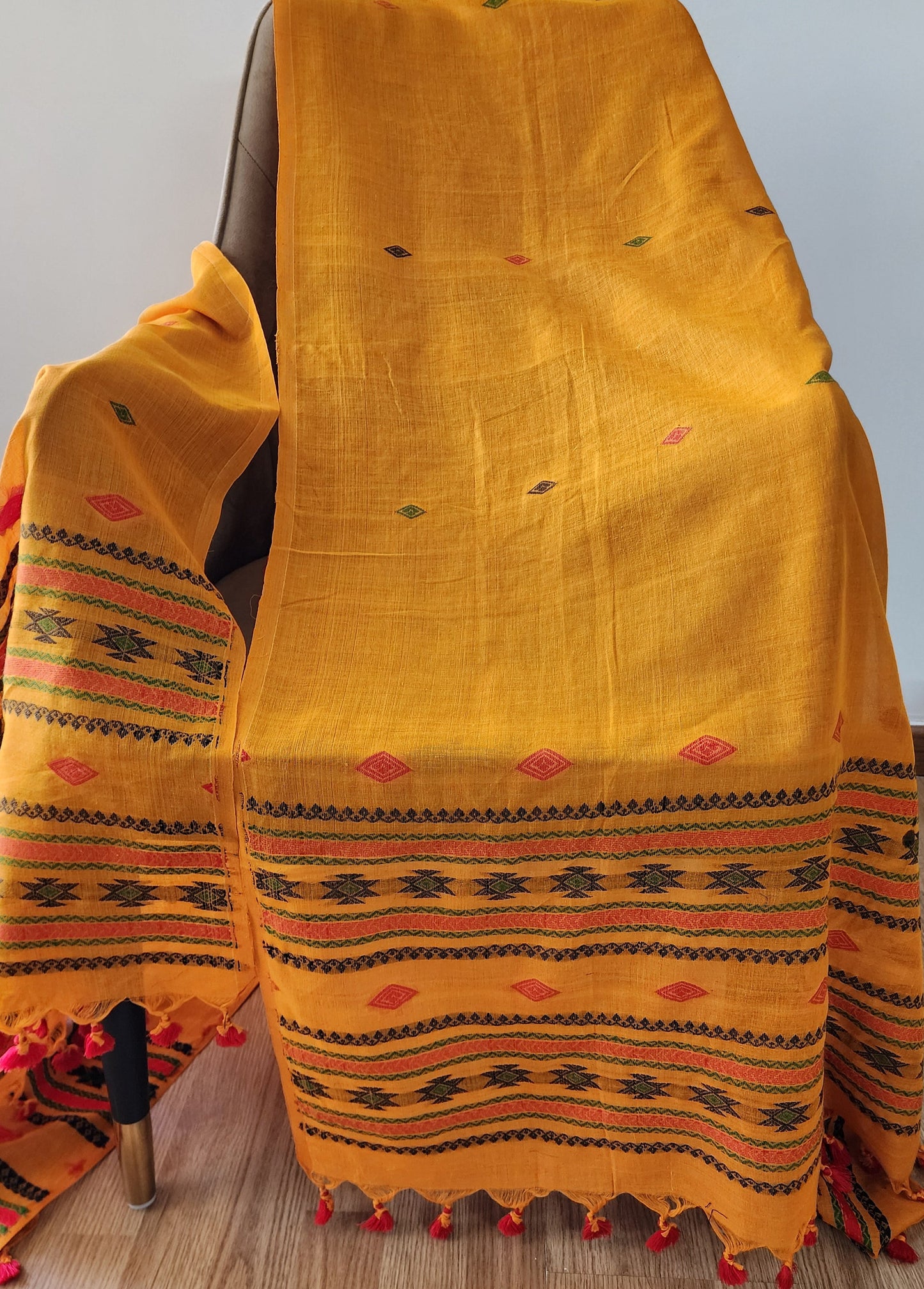 Mustard Yellow Handwoven Handloom Cotton Dupatta With Tassels