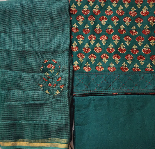 Bottle Green Dabu Print Cotton Kurta Set With Patch Work Kota Doria Dupatta