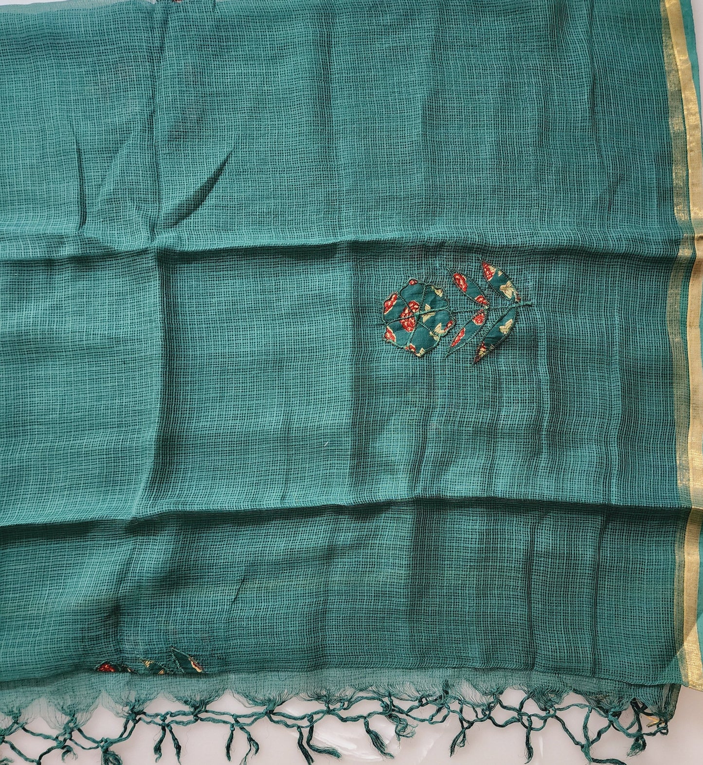 Bottle Green Dabu Print Cotton Kurta Set With Patch Work Kota Doria Dupatta