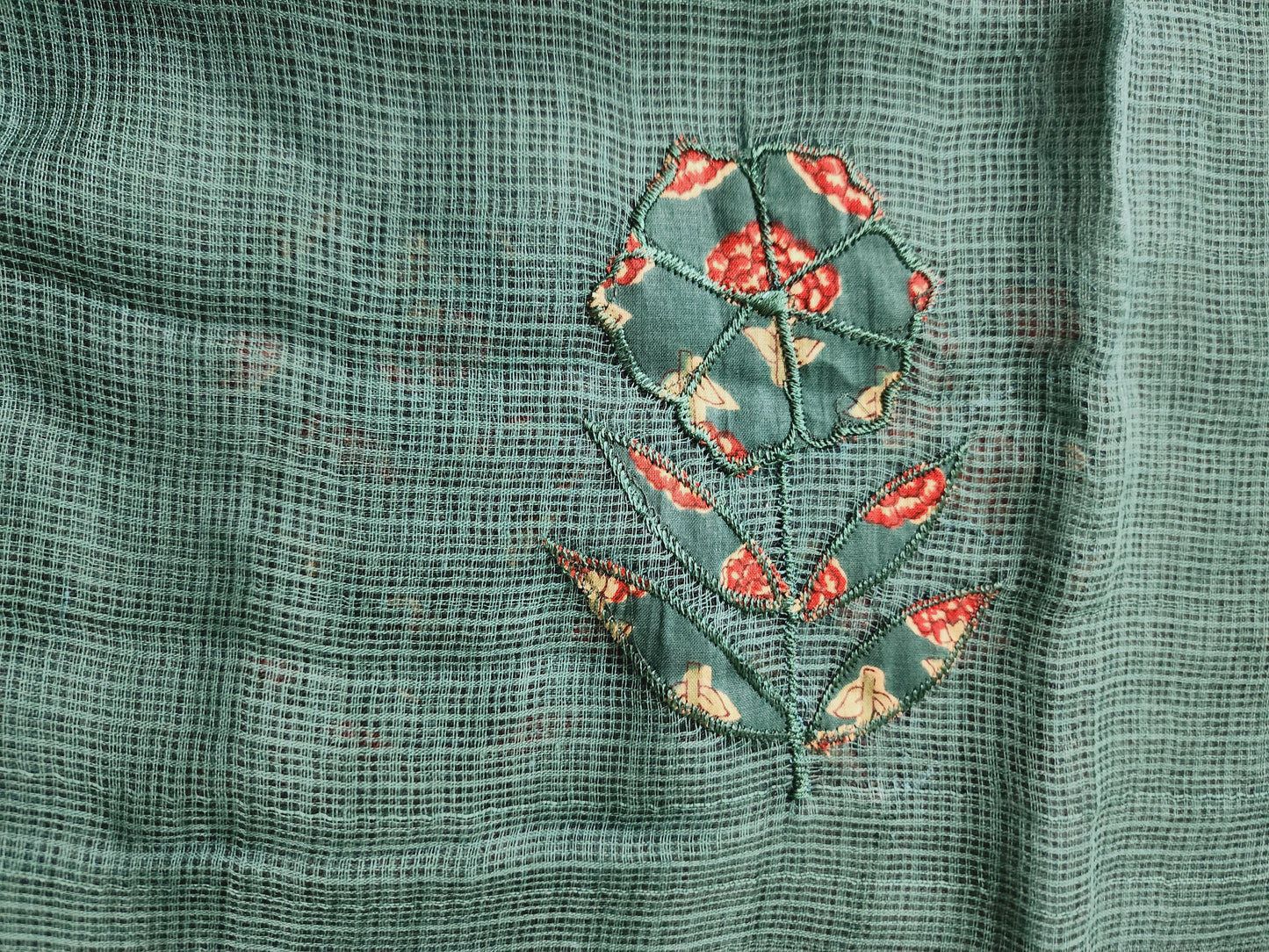 Bottle Green Dabu Print Cotton Kurta Set With Patch Work Kota Doria Dupatta