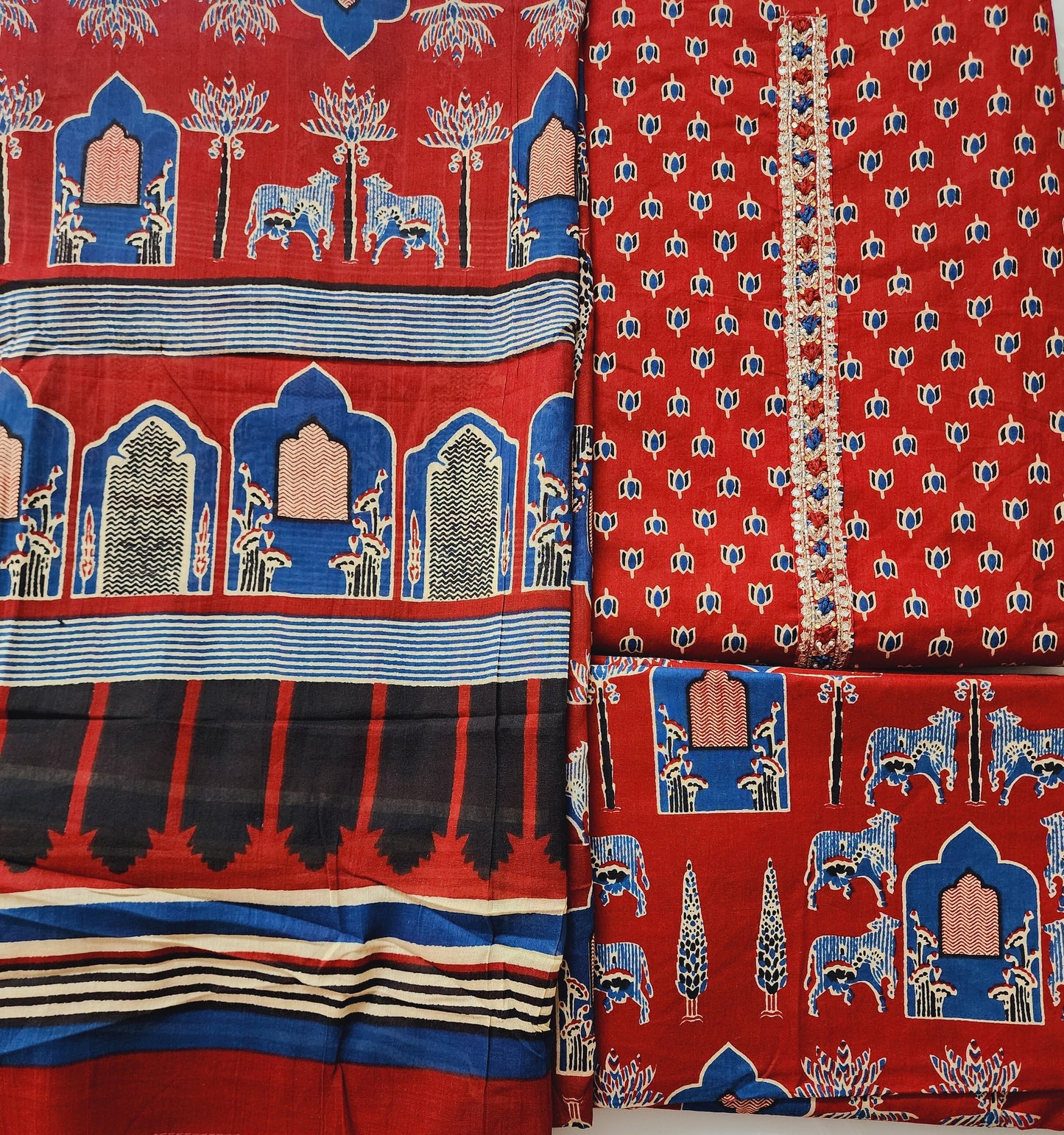 Rust Maroon Dabu Kurta With Pichwai Bottom & Dupatta In Pure Cotton