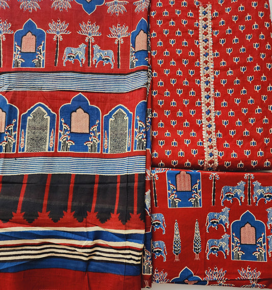 Rust Maroon Dabu Kurta With Pichwai Bottom & Dupatta In Pure Cotton