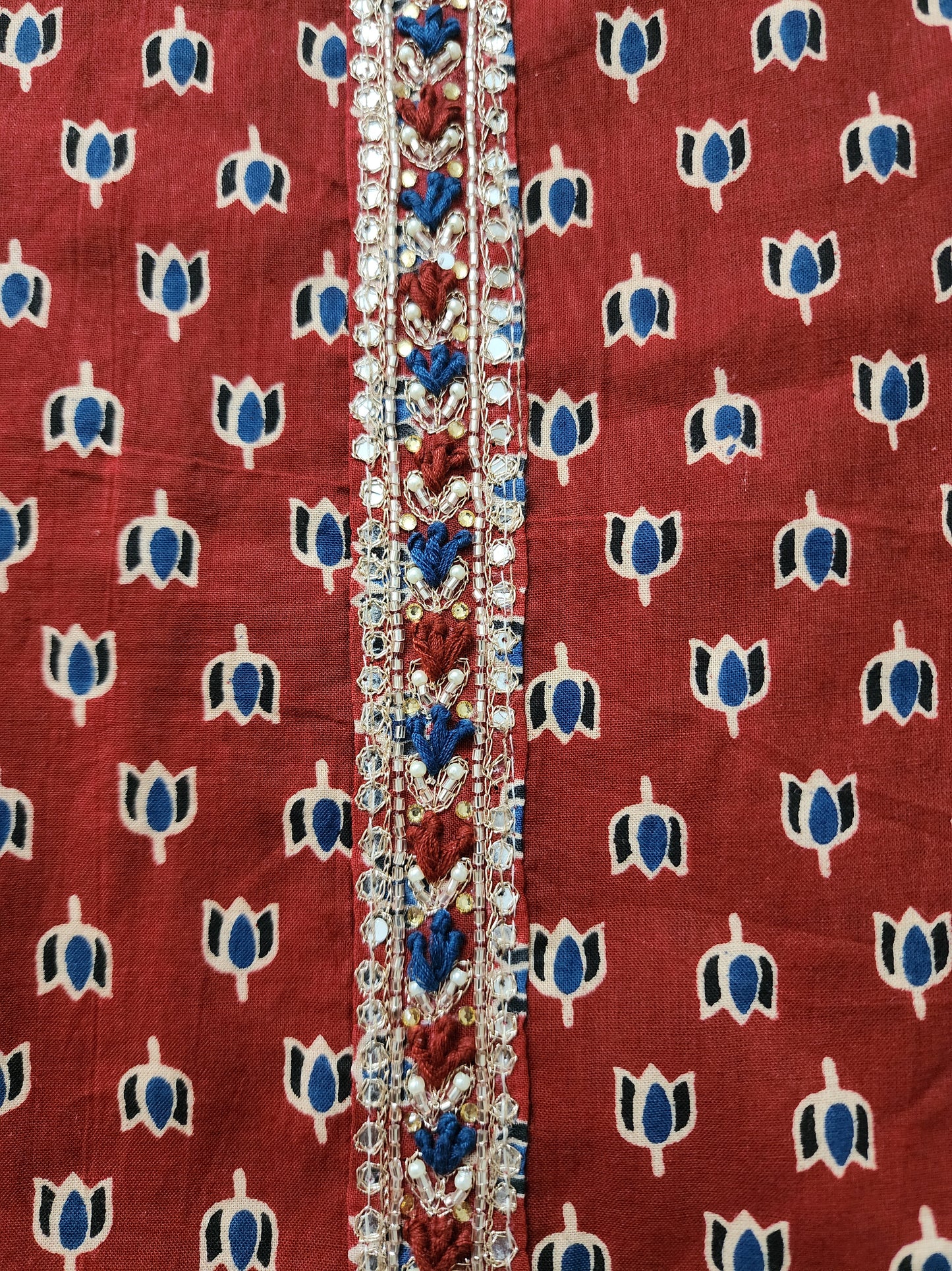 Rust Maroon Dabu Kurta With Pichwai Bottom & Dupatta In Pure Cotton