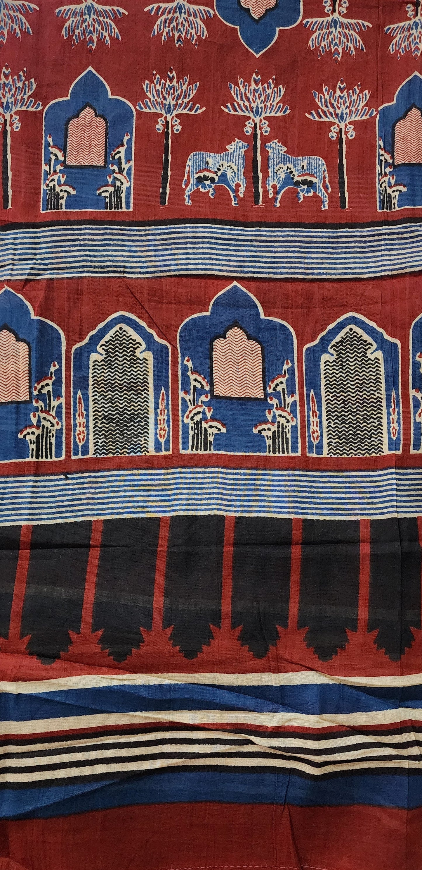 Rust Maroon Dabu Kurta With Pichwai Bottom & Dupatta In Pure Cotton