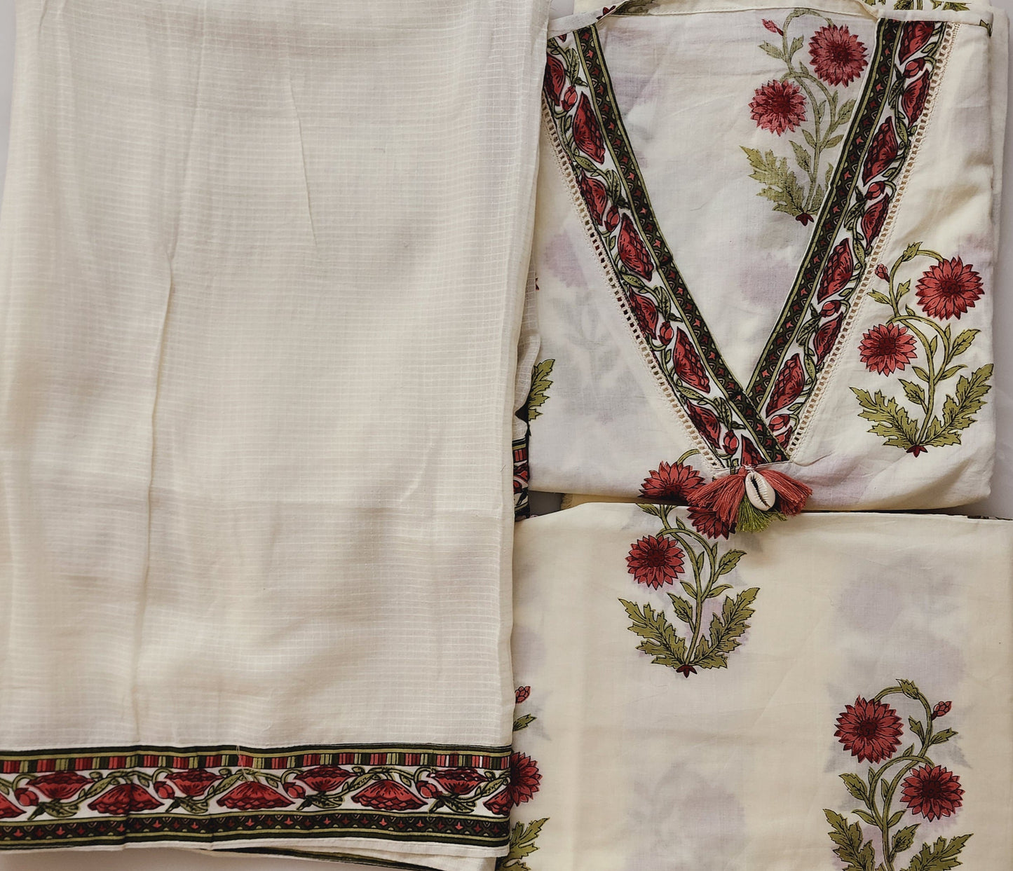 Offwhite & Rust Kilol Print Cotton Kurta Set With Mul Cotton Dupatta