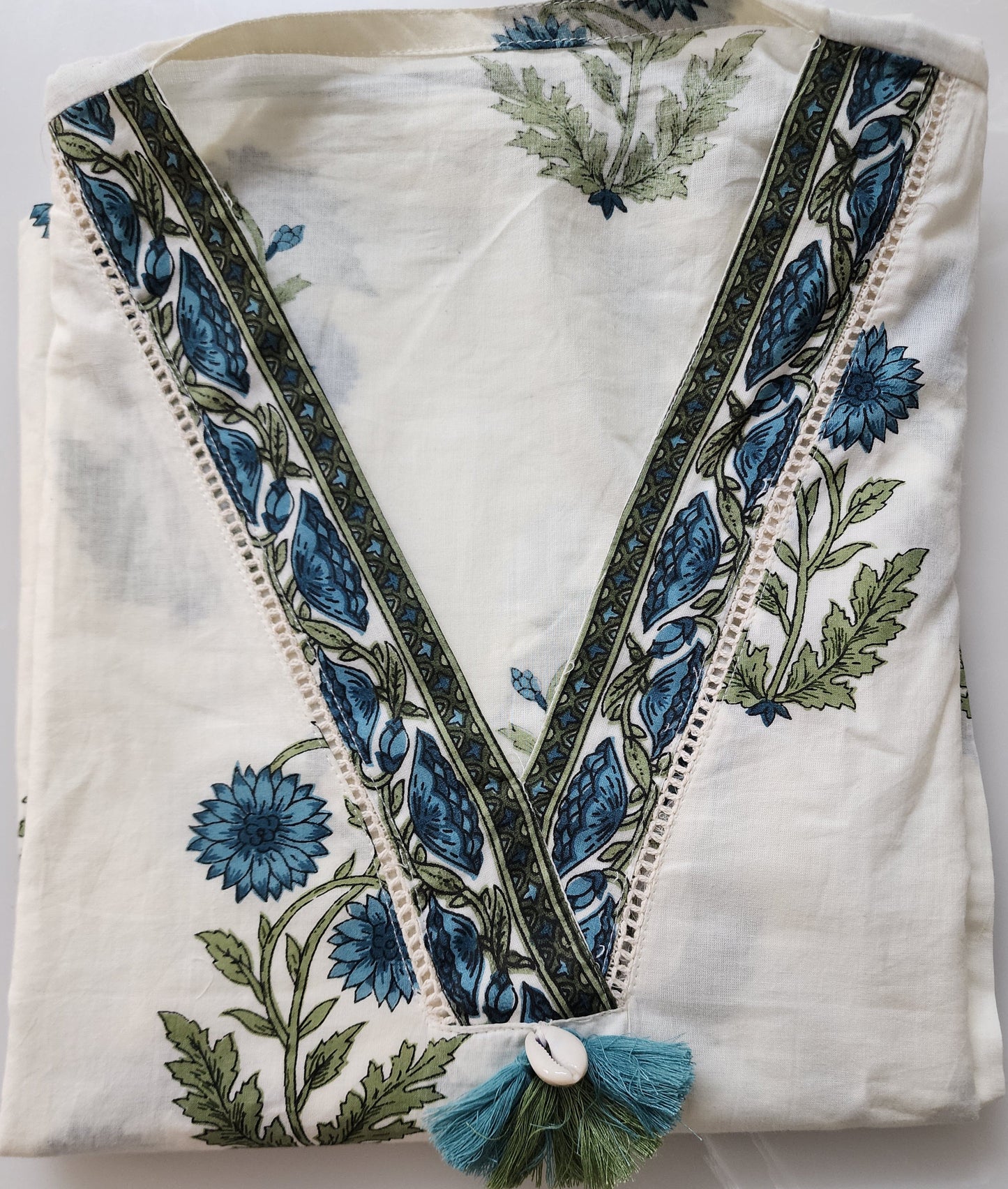 Offwhite & Blue Kilol Print Cotton Kurta Set With Mul Cotton Dupatta