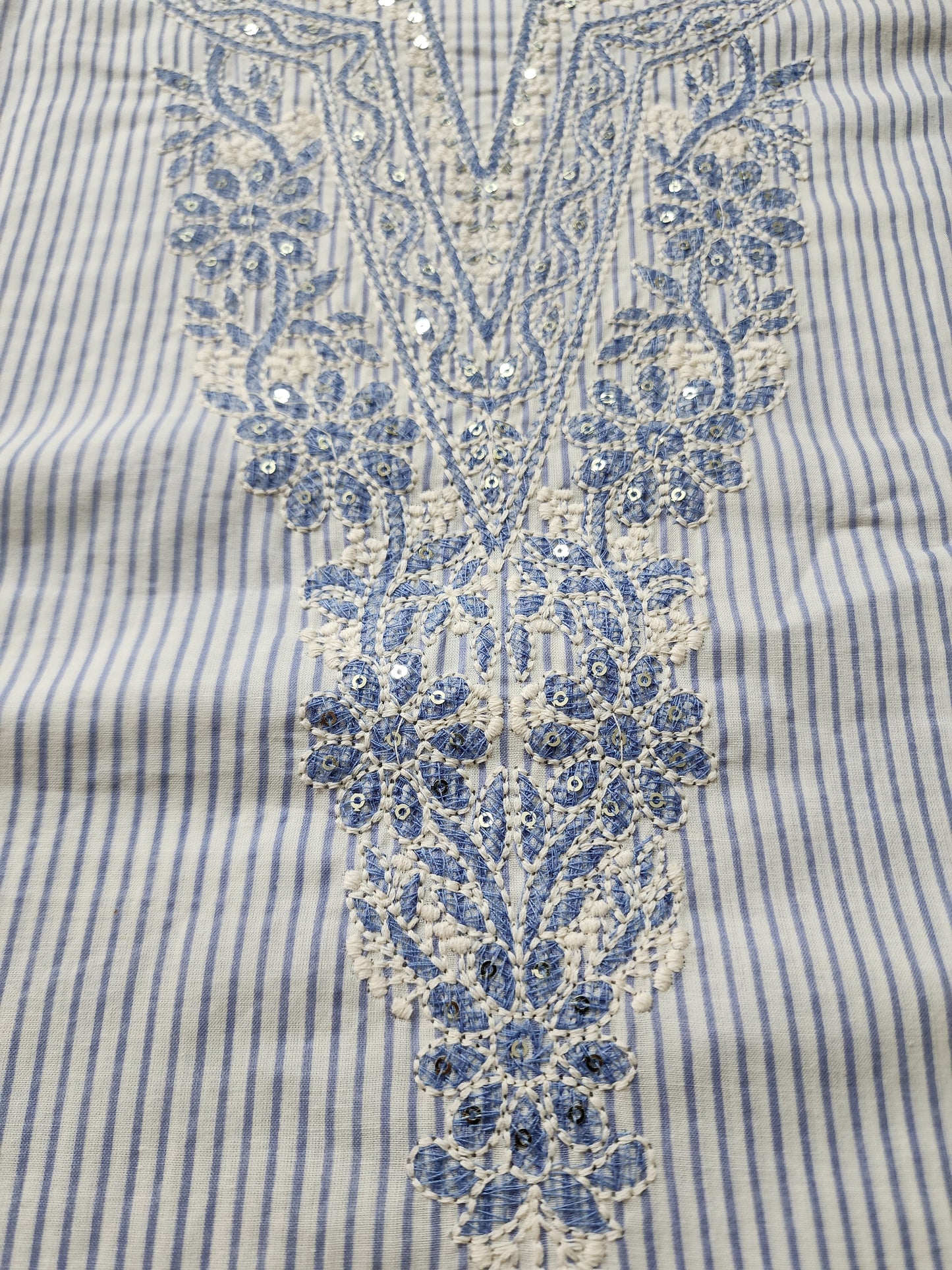 Offwhite & Blue Striped Cotton Kurta Set With Embroidery & Handblocked Dupatta