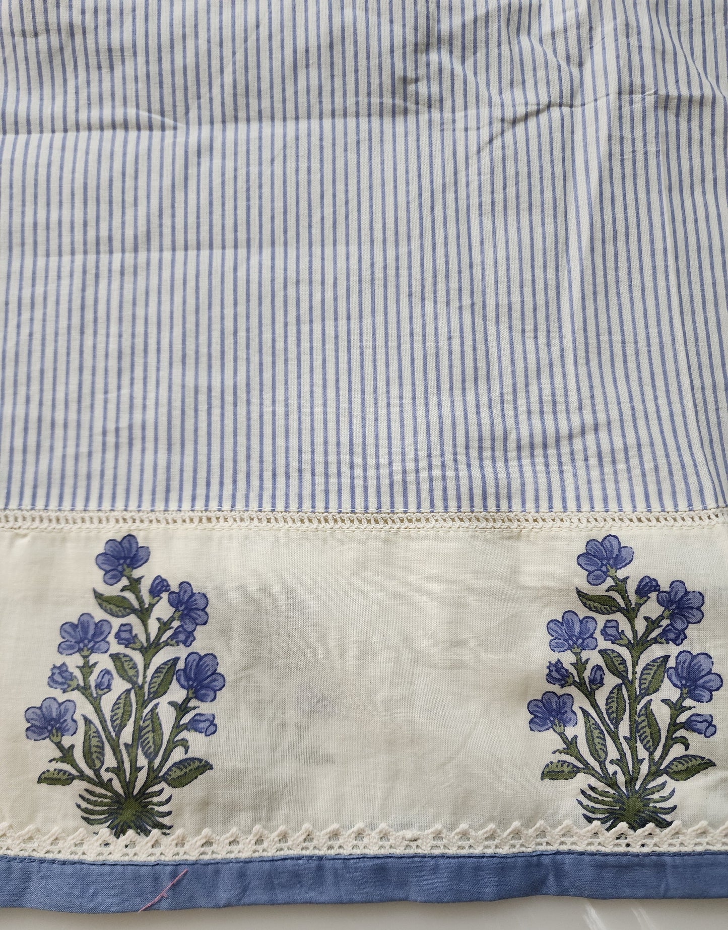 Offwhite & Blue Striped Cotton Kurta Set With Embroidery & Handblocked Dupatta