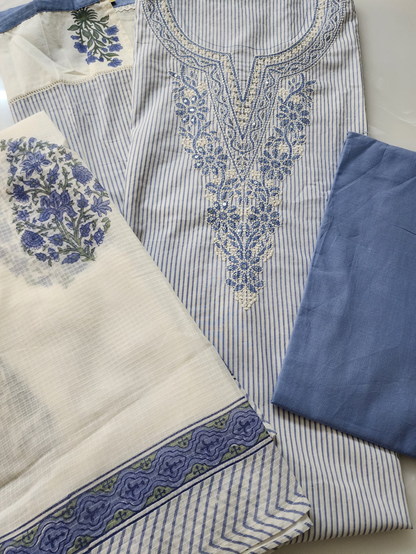 Offwhite & Blue Striped Cotton Kurta Set With Embroidery & Handblocked Dupatta