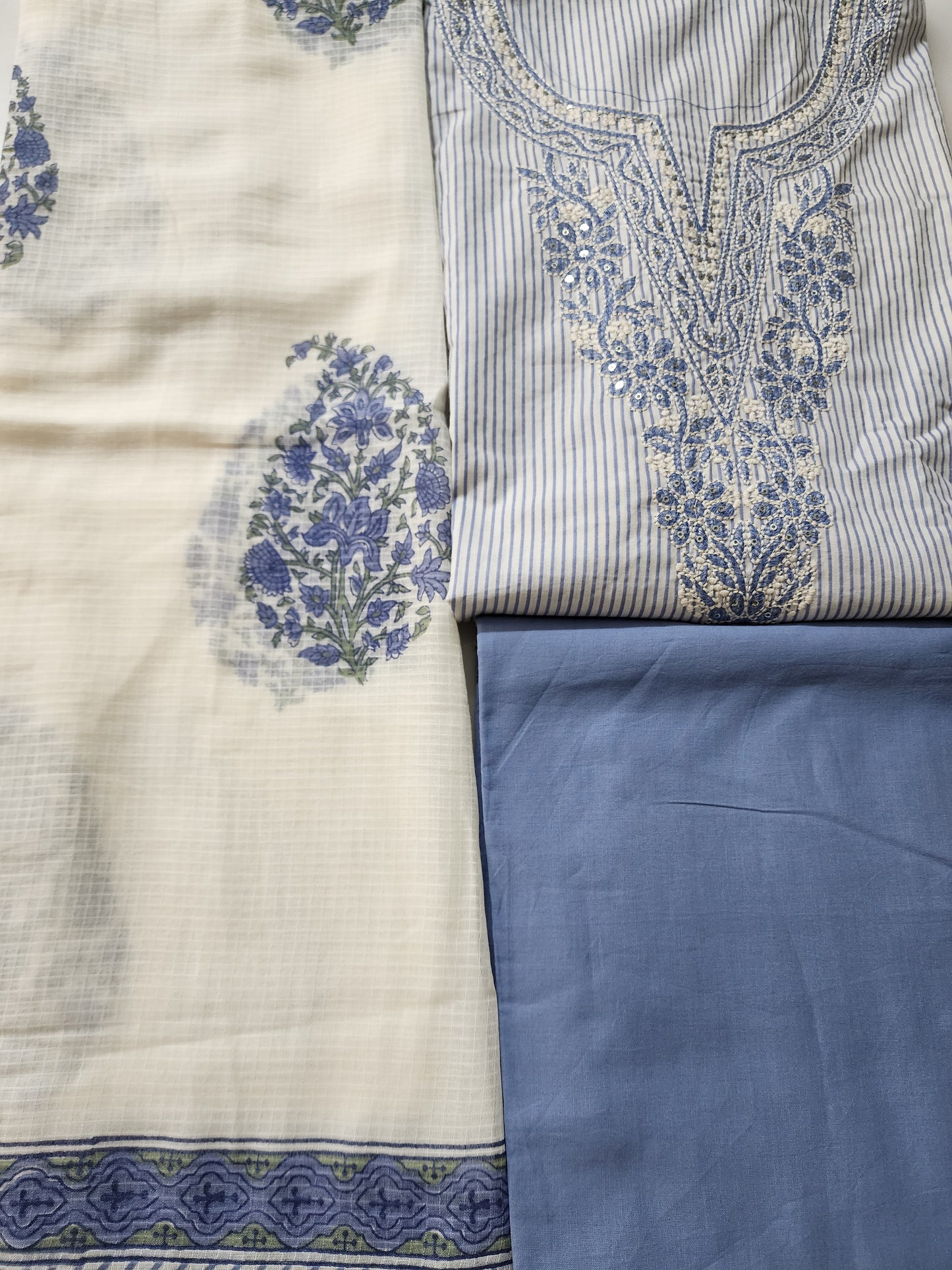 Offwhite & Blue Striped Cotton Kurta Set With Embroidery & Handblocked Dupatta