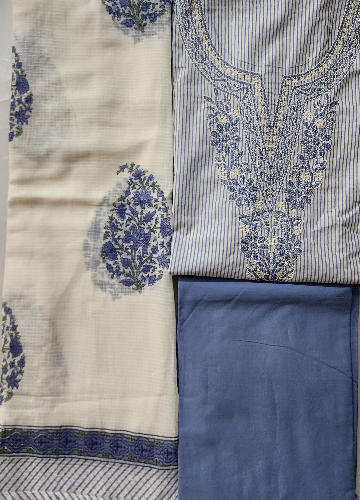 Offwhite & Blue Striped Cotton Kurta Set With Embroidery & Handblocked Dupatta
