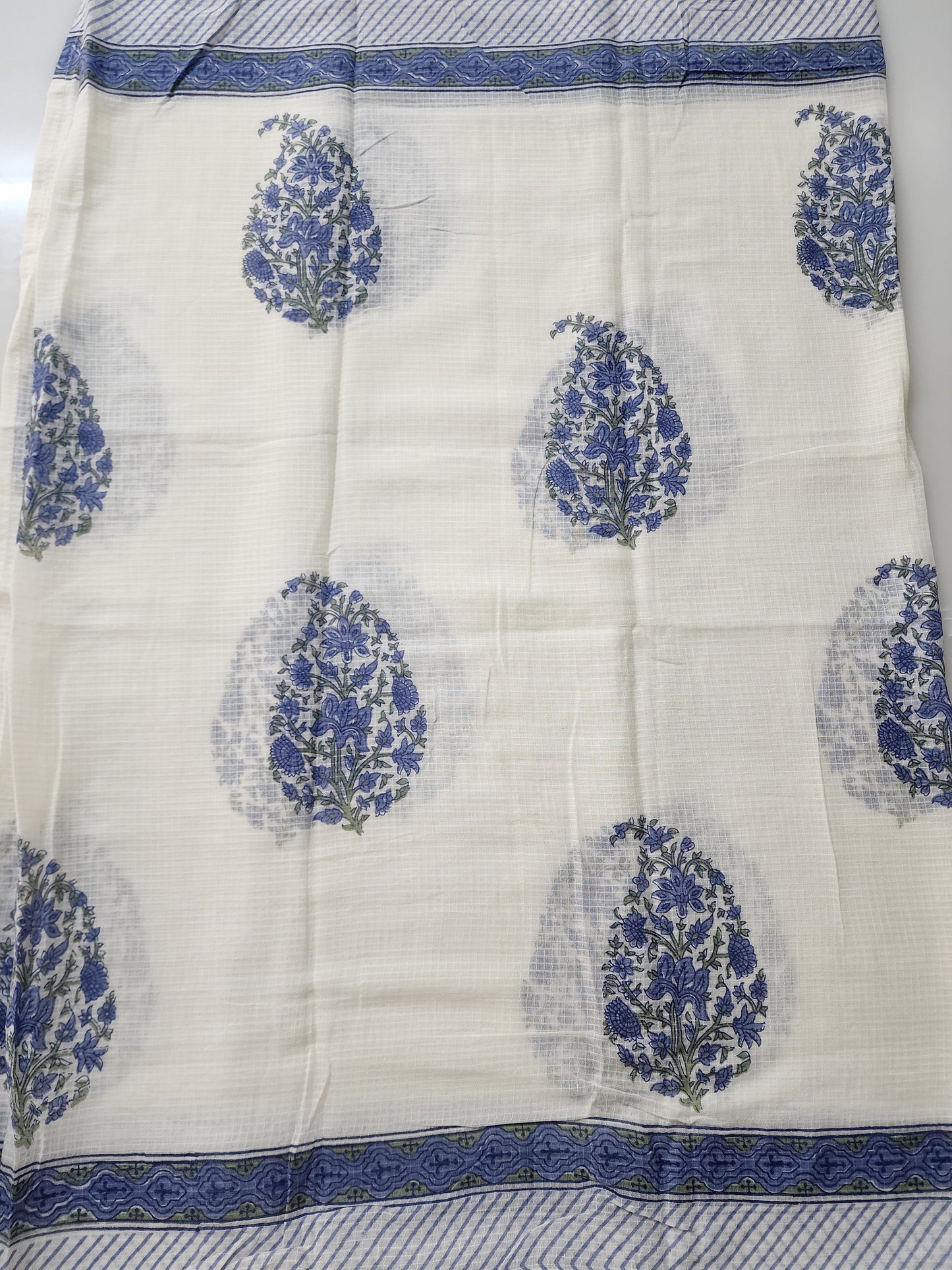 Offwhite & Blue Striped Cotton Kurta Set With Embroidery & Handblocked Dupatta