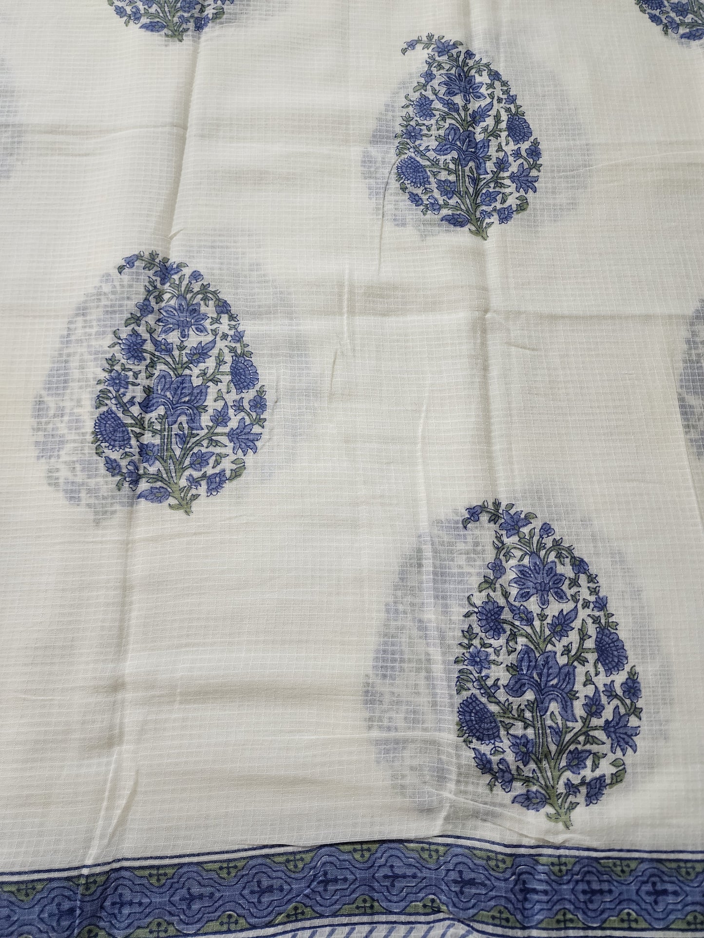Offwhite & Blue Striped Cotton Kurta Set With Embroidery & Handblocked Dupatta
