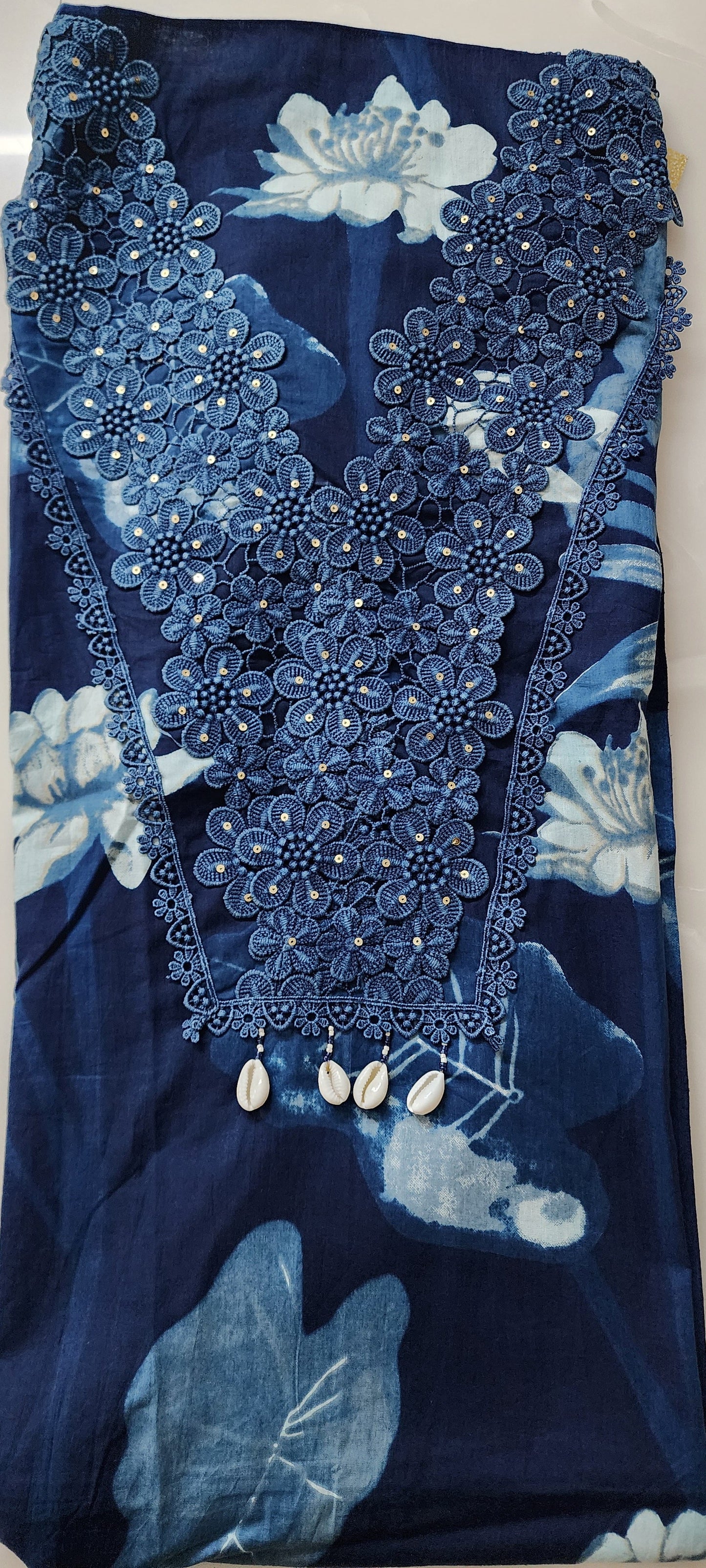 Indigo Blue Floral Print Cotton Kurta With Lace Work, Mul Cotton Dupatta & Cotton Bottom