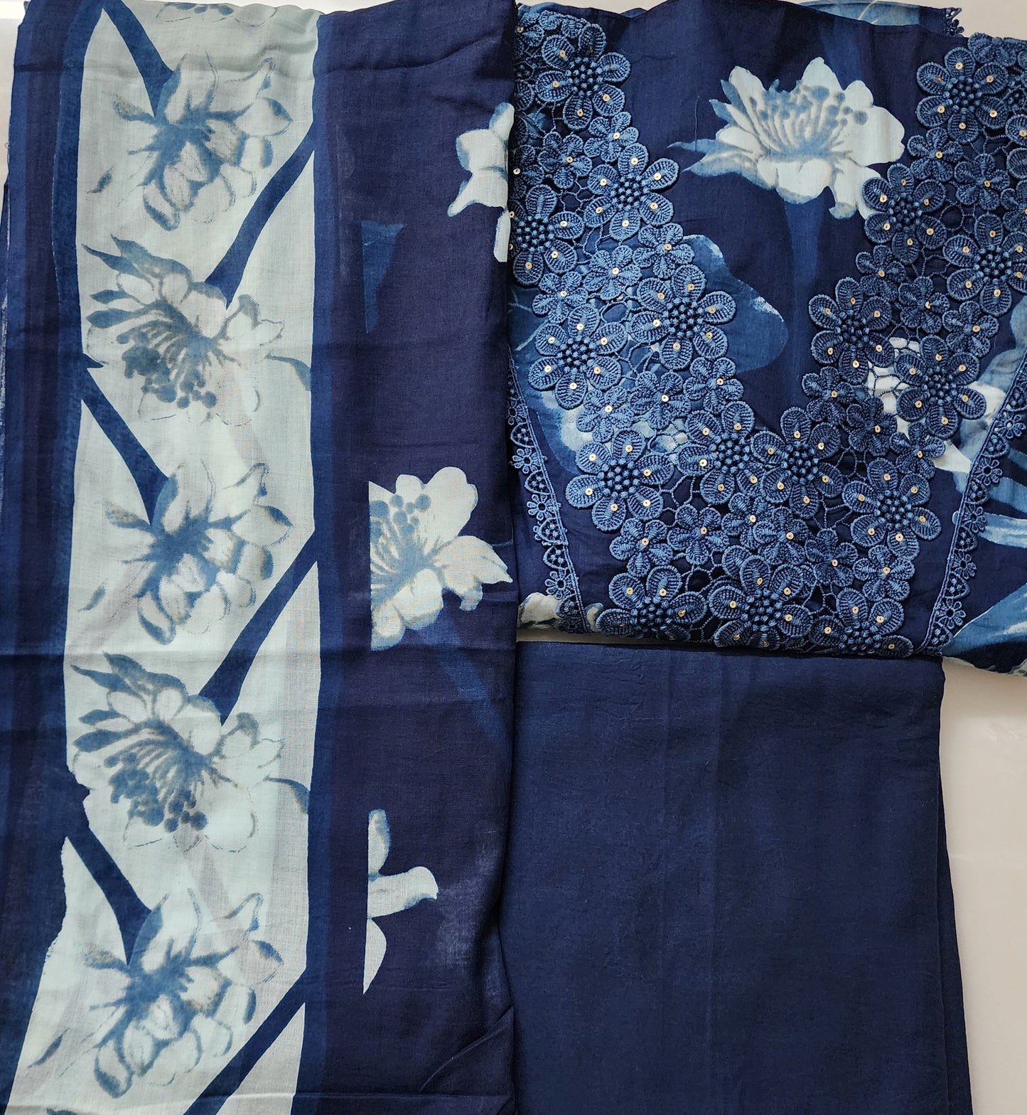 Indigo Blue Floral Print Cotton Kurta With Lace Work, Mul Cotton Dupatta & Cotton Bottom