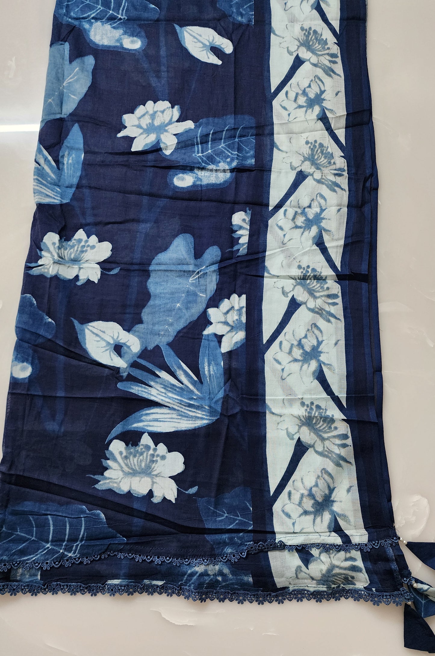 Indigo Blue Floral Print Cotton Kurta With Lace Work, Mul Cotton Dupatta & Cotton Bottom