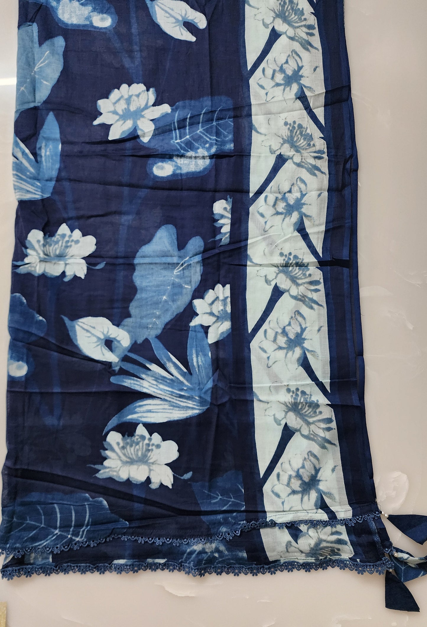 Indigo Blue Floral Print Cotton Kurta With Lace Work, Mul Cotton Dupatta & Cotton Bottom