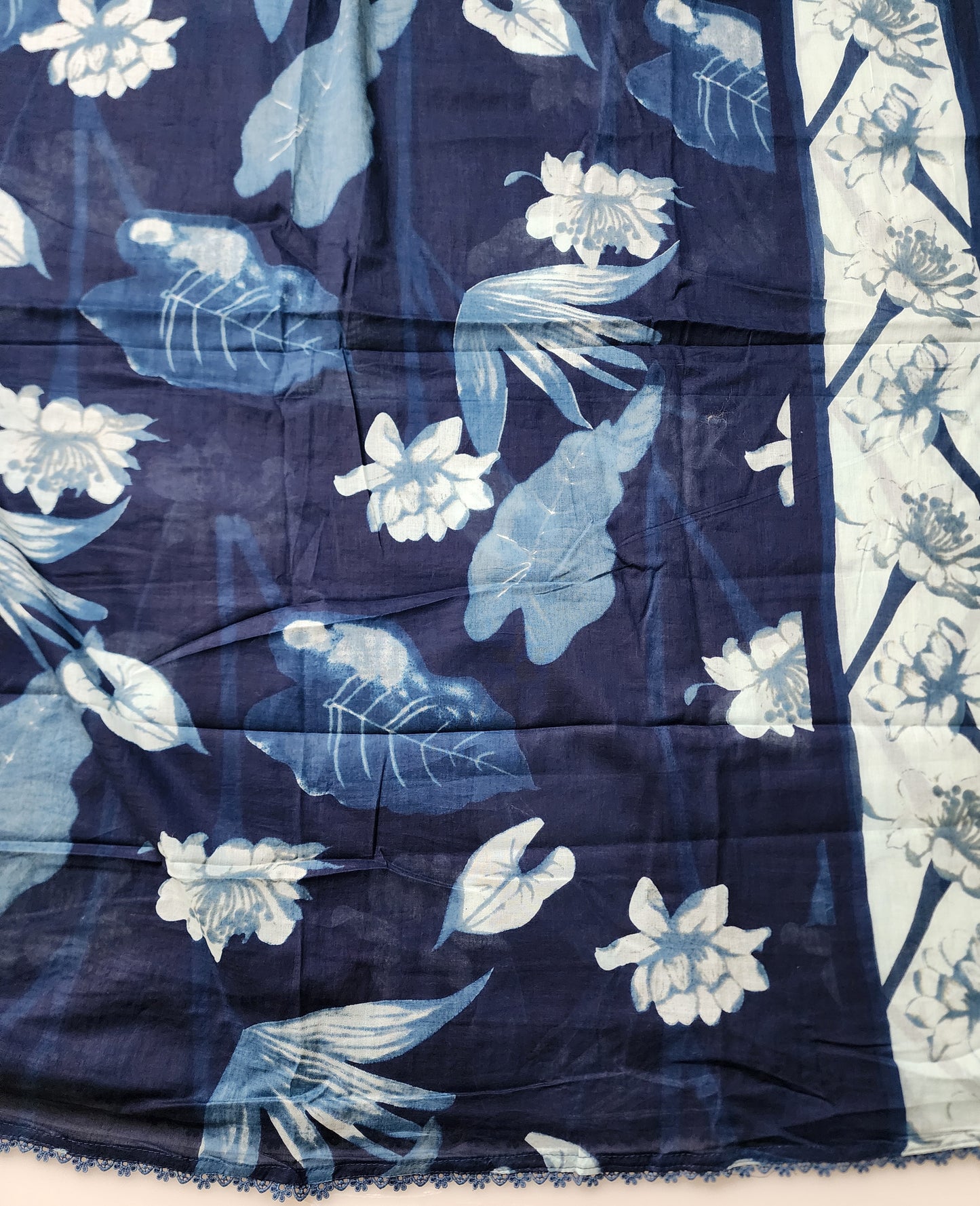 Indigo Blue Floral Print Cotton Kurta With Lace Work, Mul Cotton Dupatta & Cotton Bottom