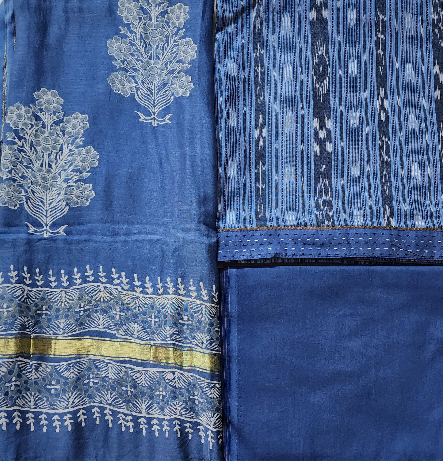 Blue Ikat Kurta In Cotton With Maheshwari Handblock Dupatta & Cotton Bottom