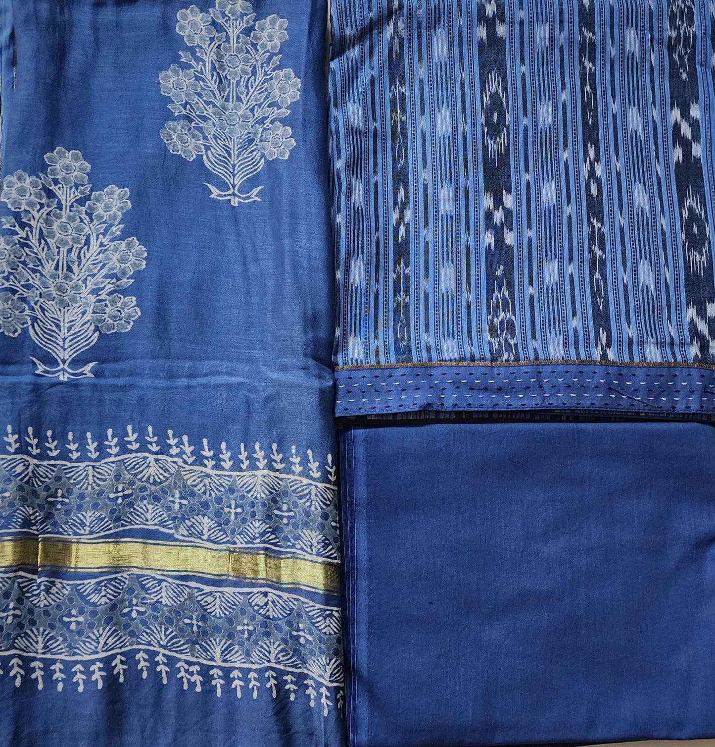 Blue Ikat Kurta In Cotton With Maheshwari Handblock Dupatta & Cotton Bottom