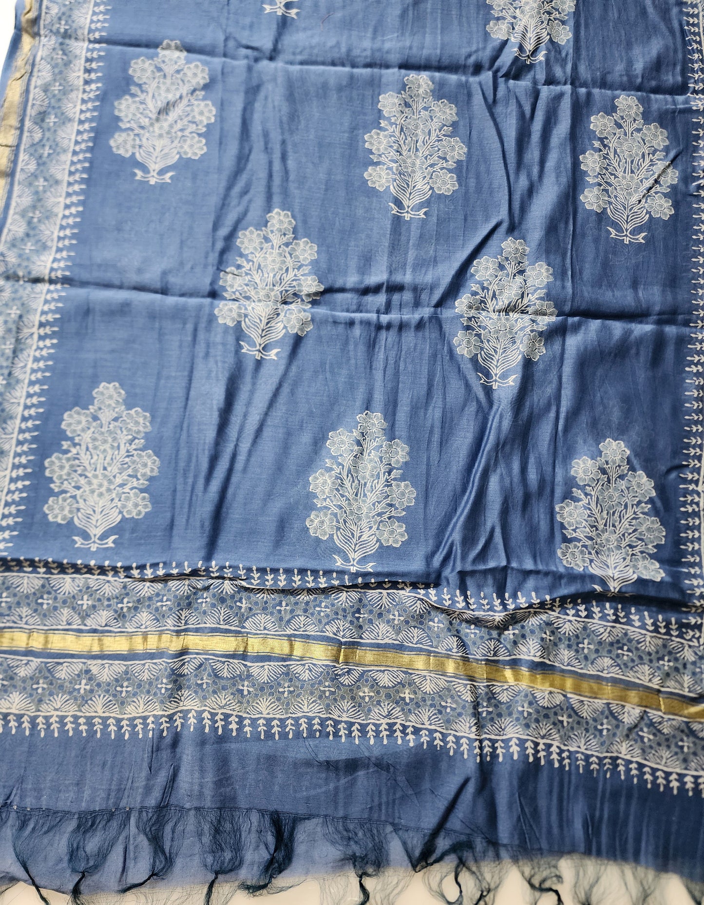 Blue Ikat Kurta In Cotton With Maheshwari Handblock Dupatta & Cotton Bottom