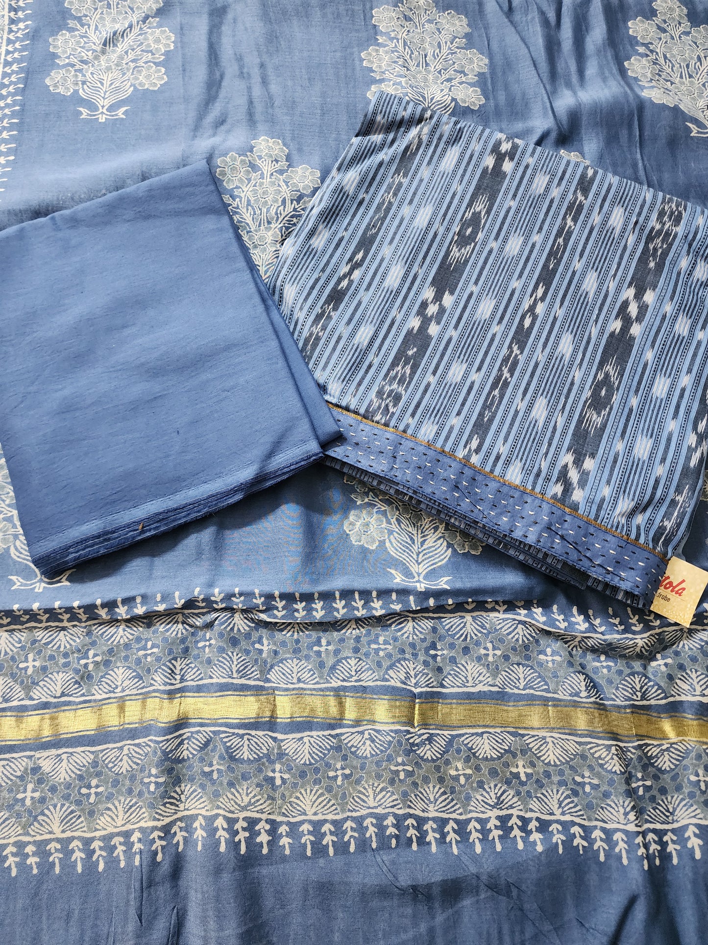 Blue Ikat Kurta In Cotton With Maheshwari Handblock Dupatta & Cotton Bottom