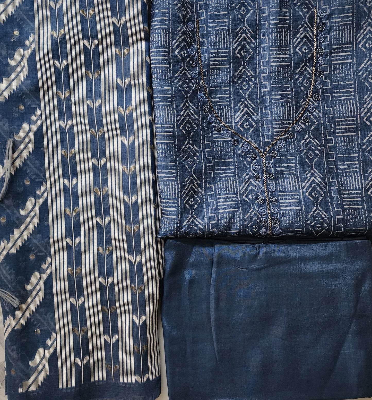 Indigo Blue Printed Kurta Set In Cotton Linen With Neckline Embroidery, Jamdani Dupatta & Shantoon Bottom