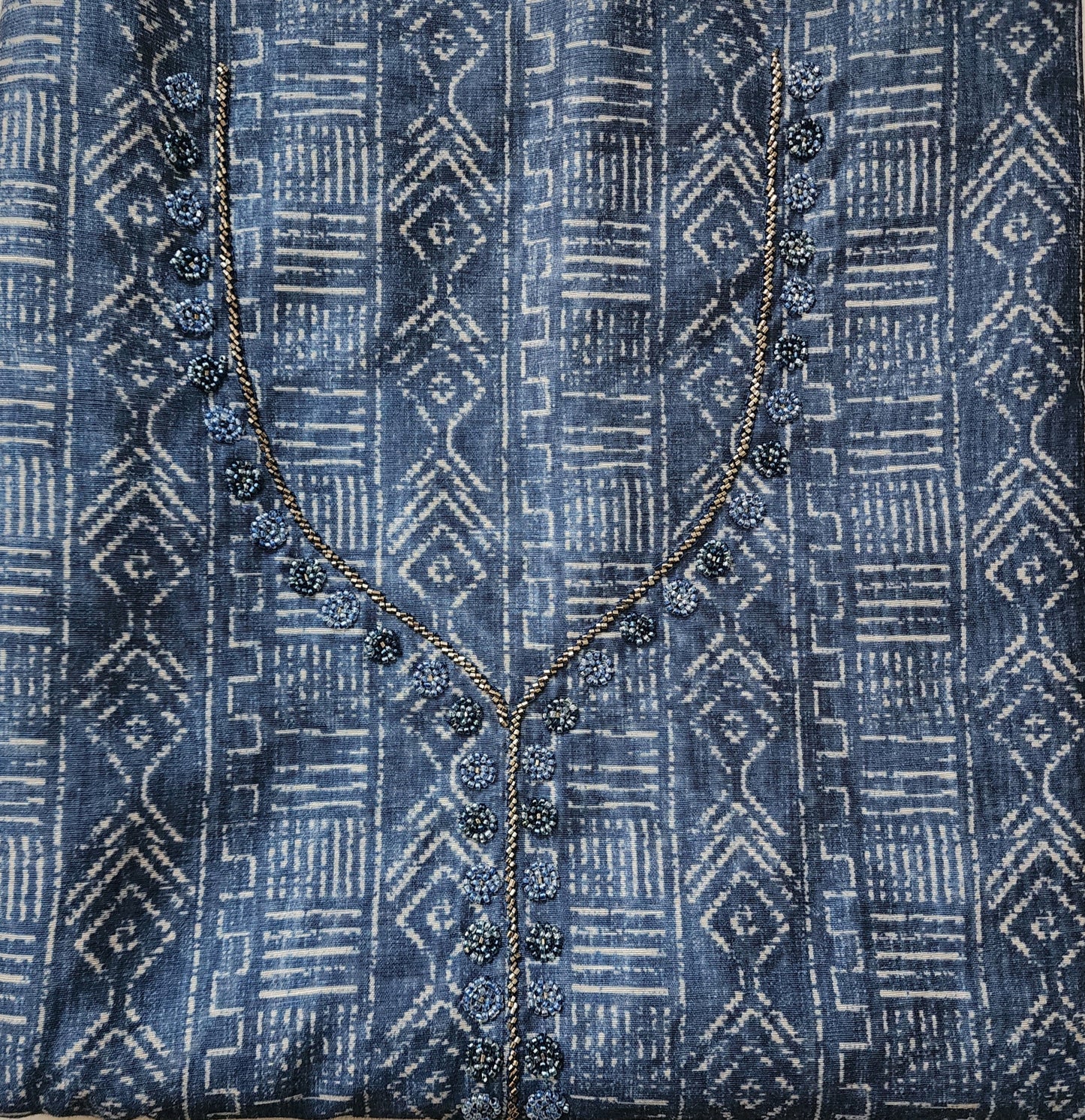 Indigo Blue Printed Kurta Set In Cotton Linen With Neckline Embroidery, Jamdani Dupatta & Shantoon Bottom