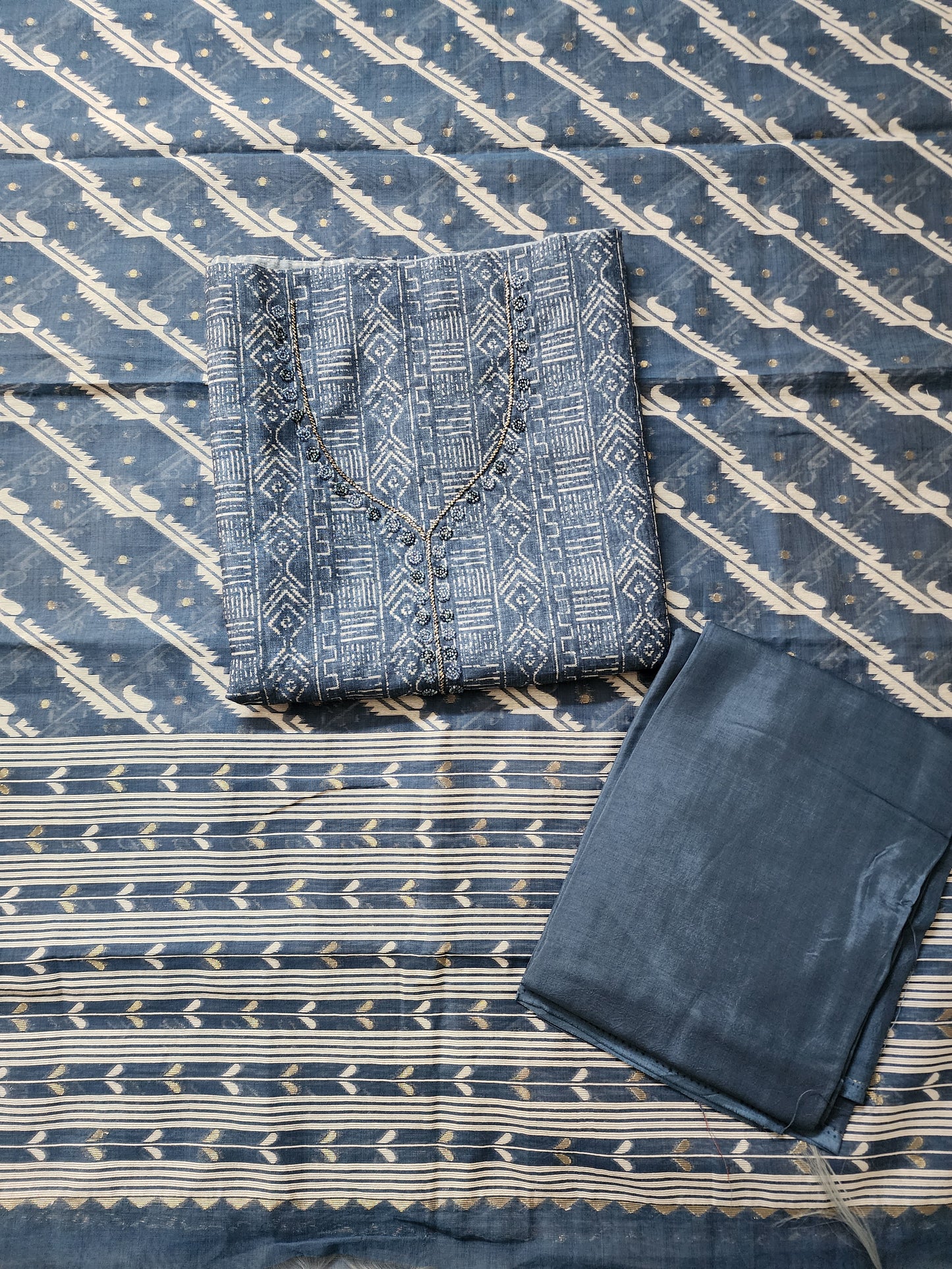 Indigo Blue Printed Kurta Set In Cotton Linen With Neckline Embroidery, Jamdani Dupatta & Shantoon Bottom