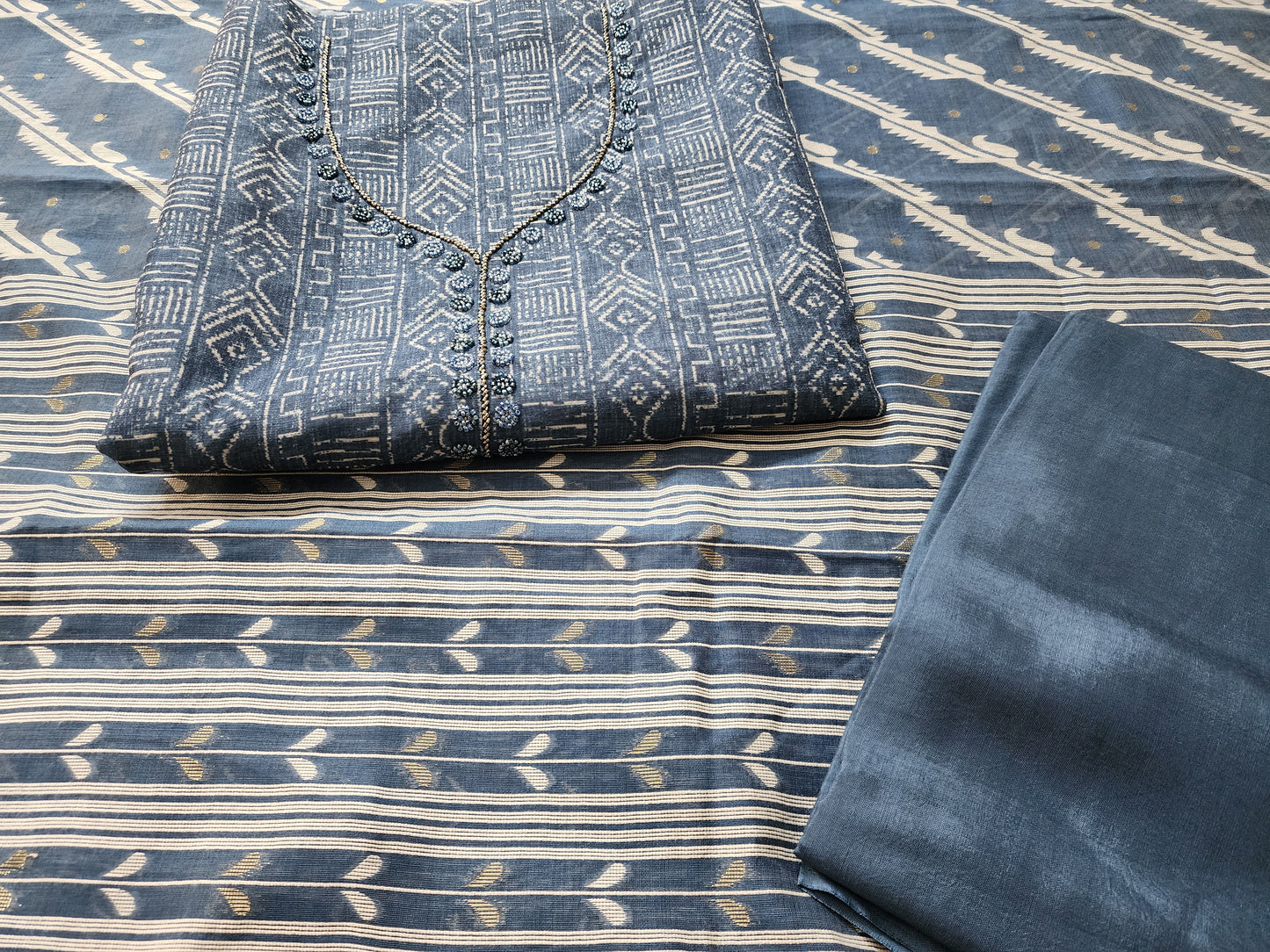Indigo Blue Printed Kurta Set In Cotton Linen With Neckline Embroidery, Jamdani Dupatta & Shantoon Bottom