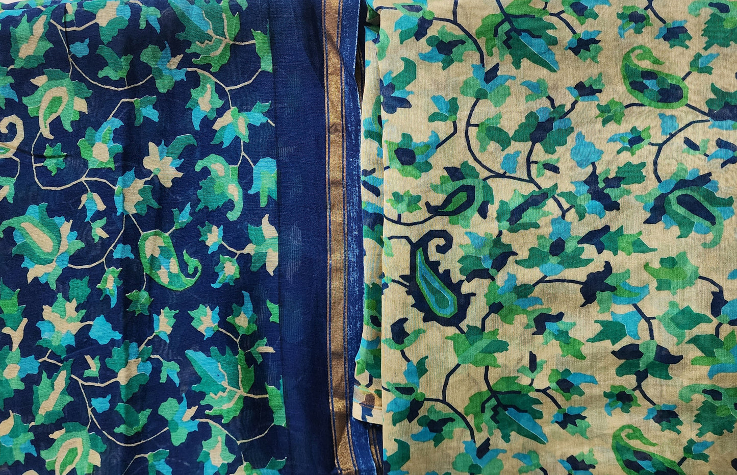 Beige & Blue Kani Maheshwari Kurta Set With Dupatta & Shantoon Bottom