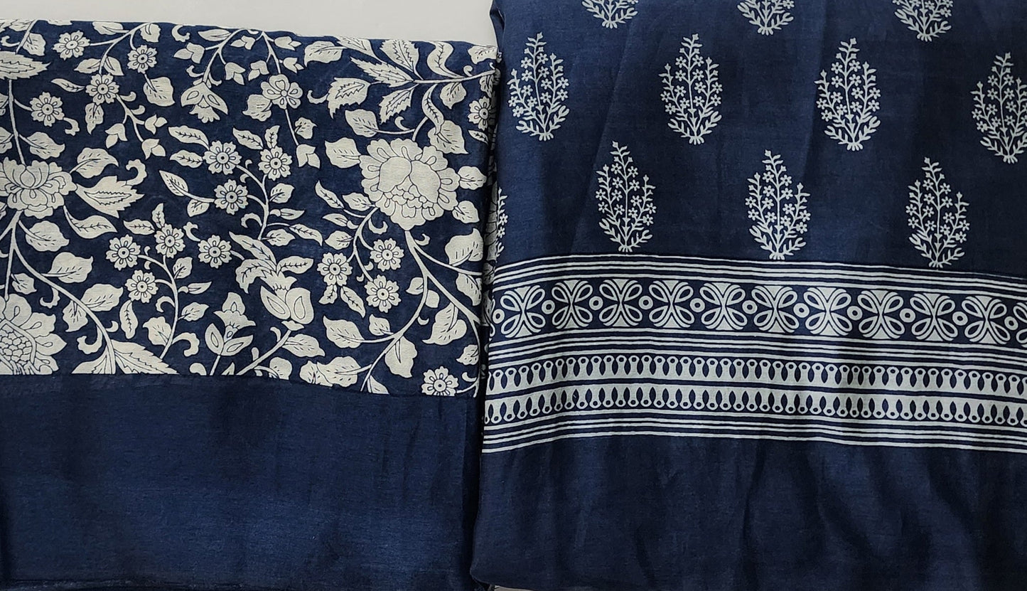 Blue Indigo Maheshwari Kurta Set With Buta Motif, Floral Dupatta & Shantoon Bottom