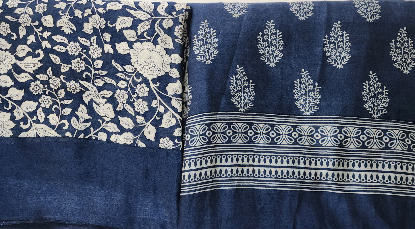 Blue Indigo Maheshwari Kurta Set With Buta Motif, Floral Dupatta & Shantoon Bottom