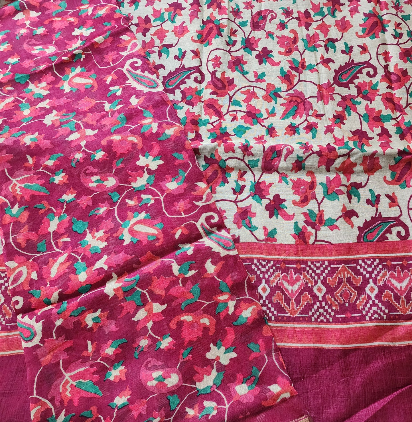 Beige & Pink Kani Maheshwari Kurta Set With Dupatta & Shantoon Bottom
