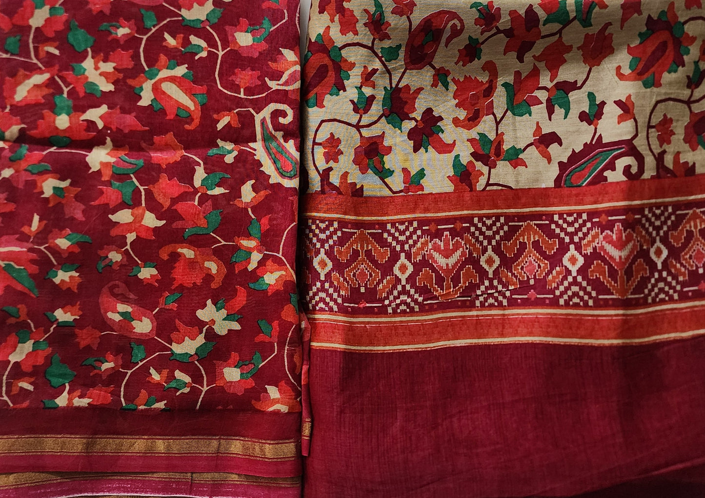 Beige & Pink Kani Maheshwari Kurta Set With Dupatta & Shantoon Bottom