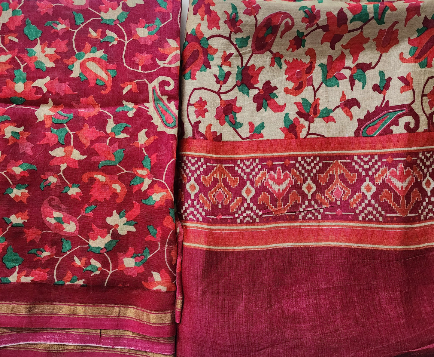 Beige & Pink Kani Maheshwari Kurta Set With Dupatta & Shantoon Bottom
