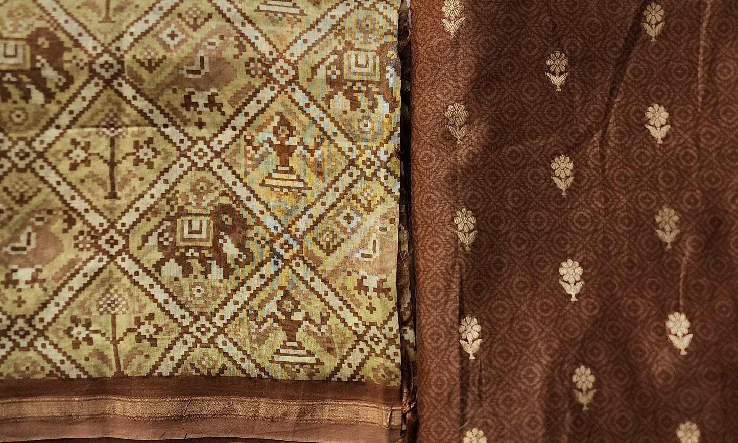 Brown Maheshwari Kurta With Patola Border & Zari Buta, Patola Dupatta & Shantoon Bottom