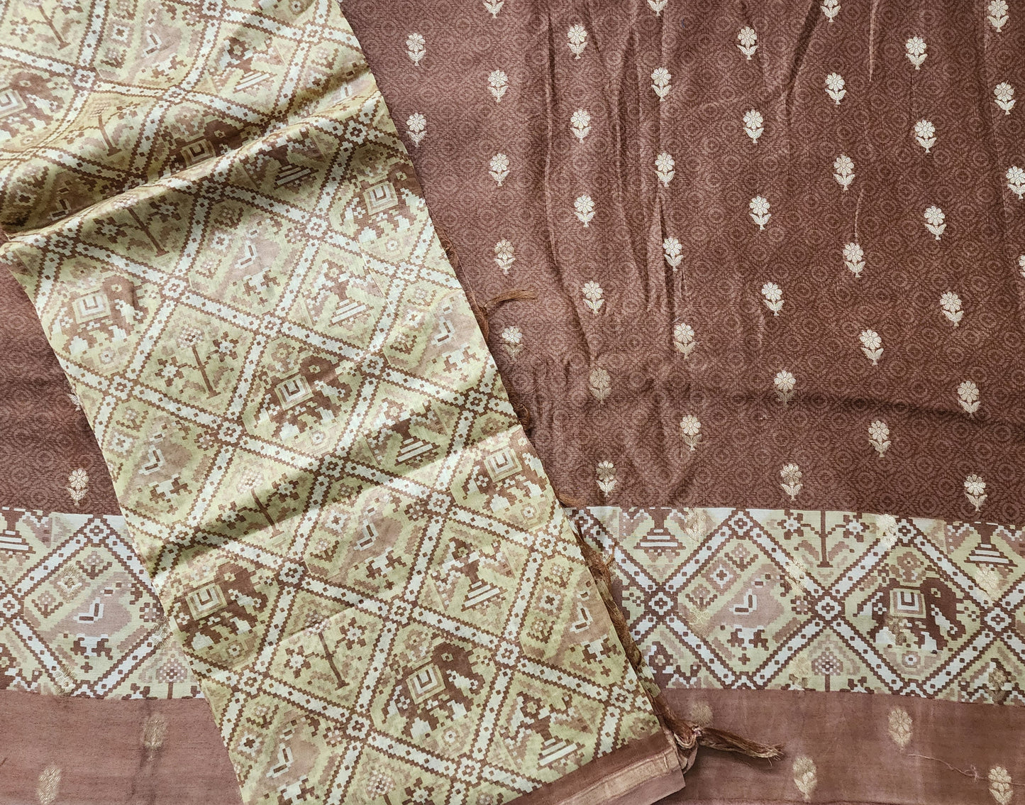 Brown Maheshwari Kurta With Patola Border & Zari Buta, Patola Dupatta & Shantoon Bottom