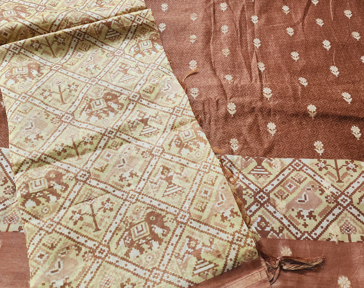 Brown Maheshwari Kurta With Patola Border & Zari Buta, Patola Dupatta & Shantoon Bottom