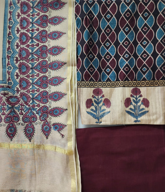 Beige & Maroon Muslin Kurta Set With Maheshwari Handblock Dupatta