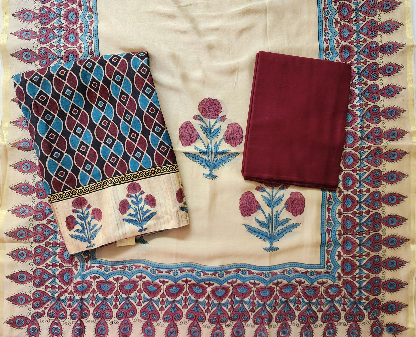 Beige & Maroon Muslin Kurta Set With Maheshwari Handblock Dupatta