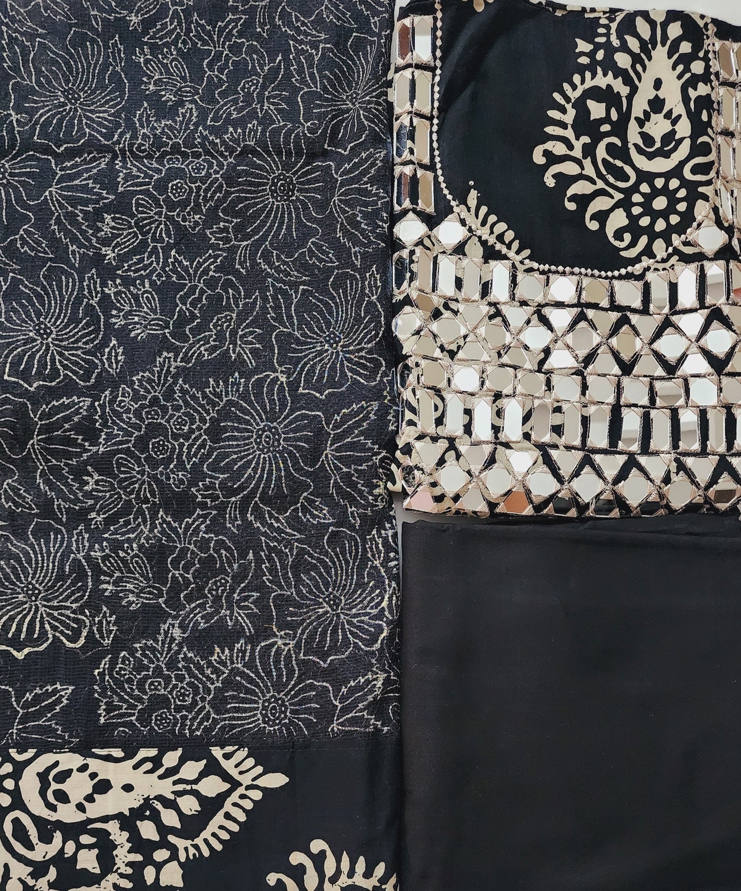 Black Mirror Work Cotton Printed Kurta Set With Kota Dupatta