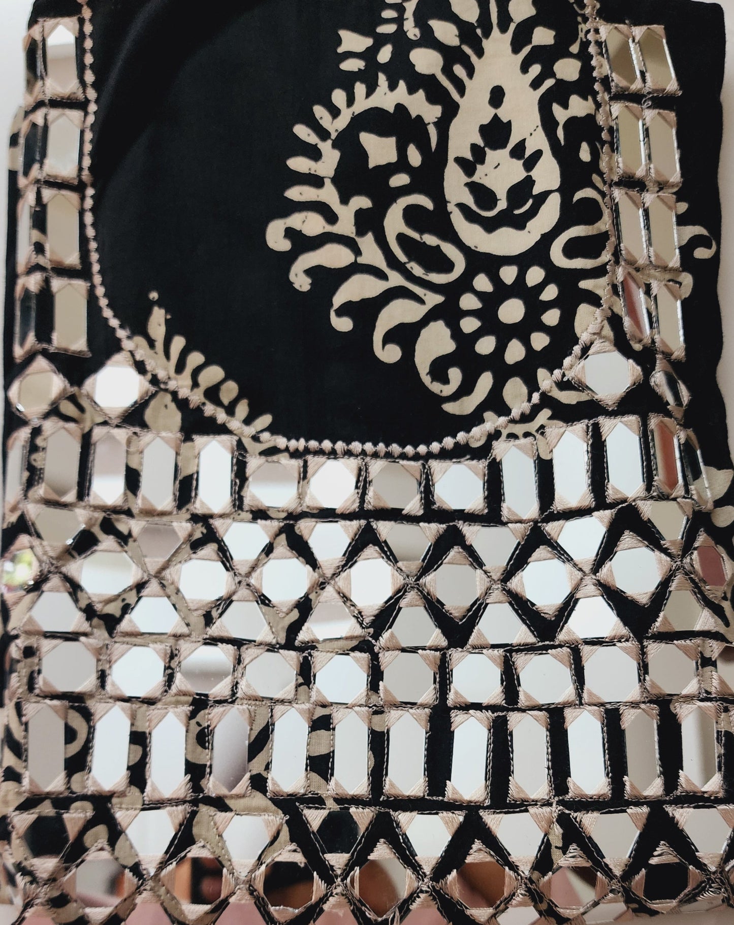 Black Mirror Work Cotton Printed Kurta Set With Kota Dupatta