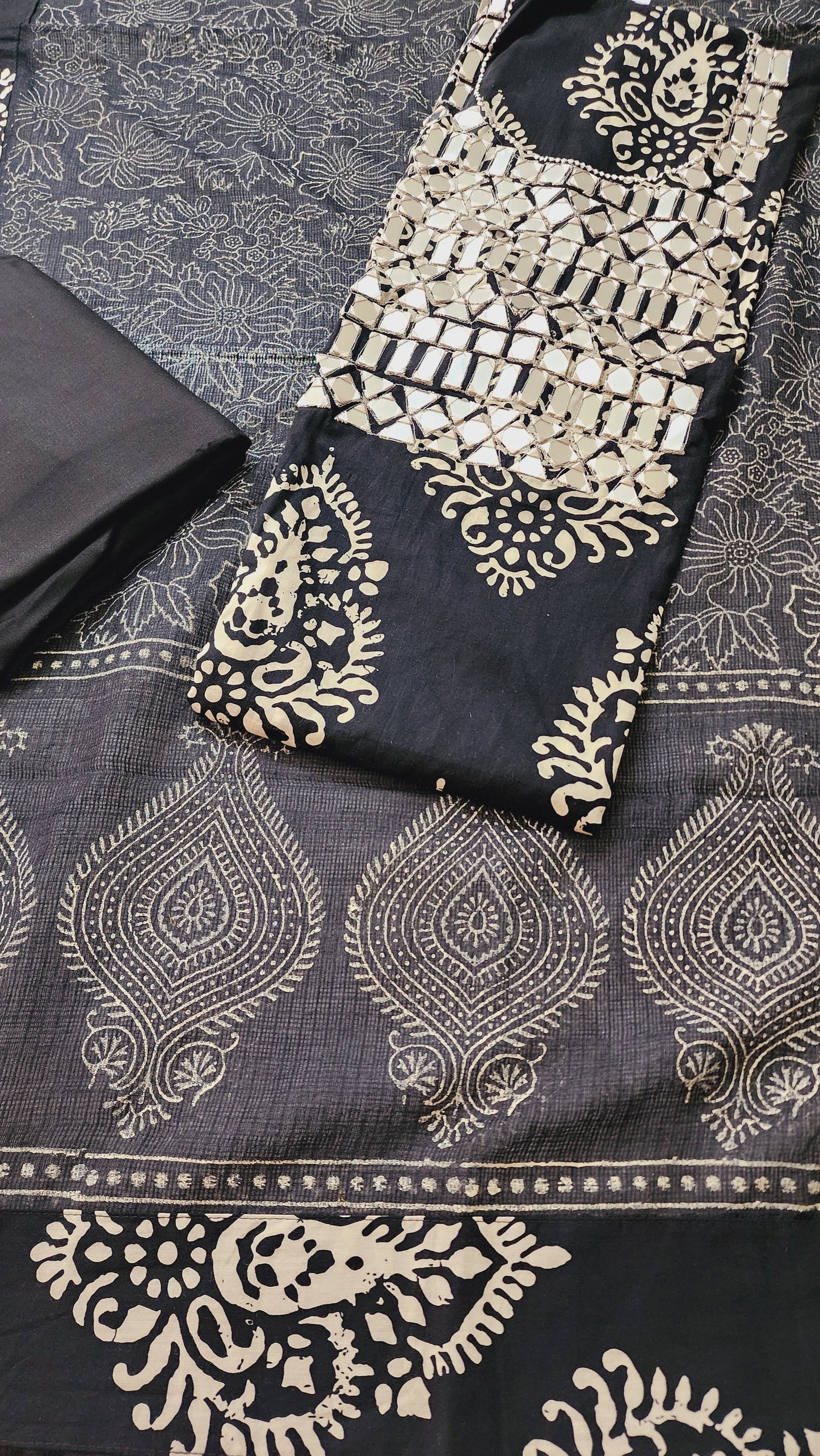 Black Mirror Work Cotton Printed Kurta Set With Kota Dupatta