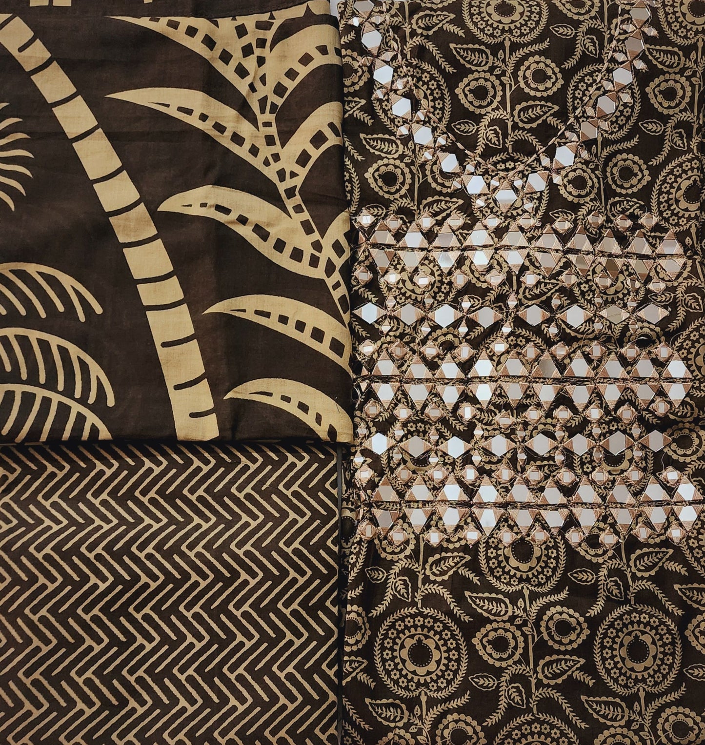 Brown Mirror Work Cotton Printed Kurta Set With Mul Cotton Dupatta & Printed Cotton Bottom